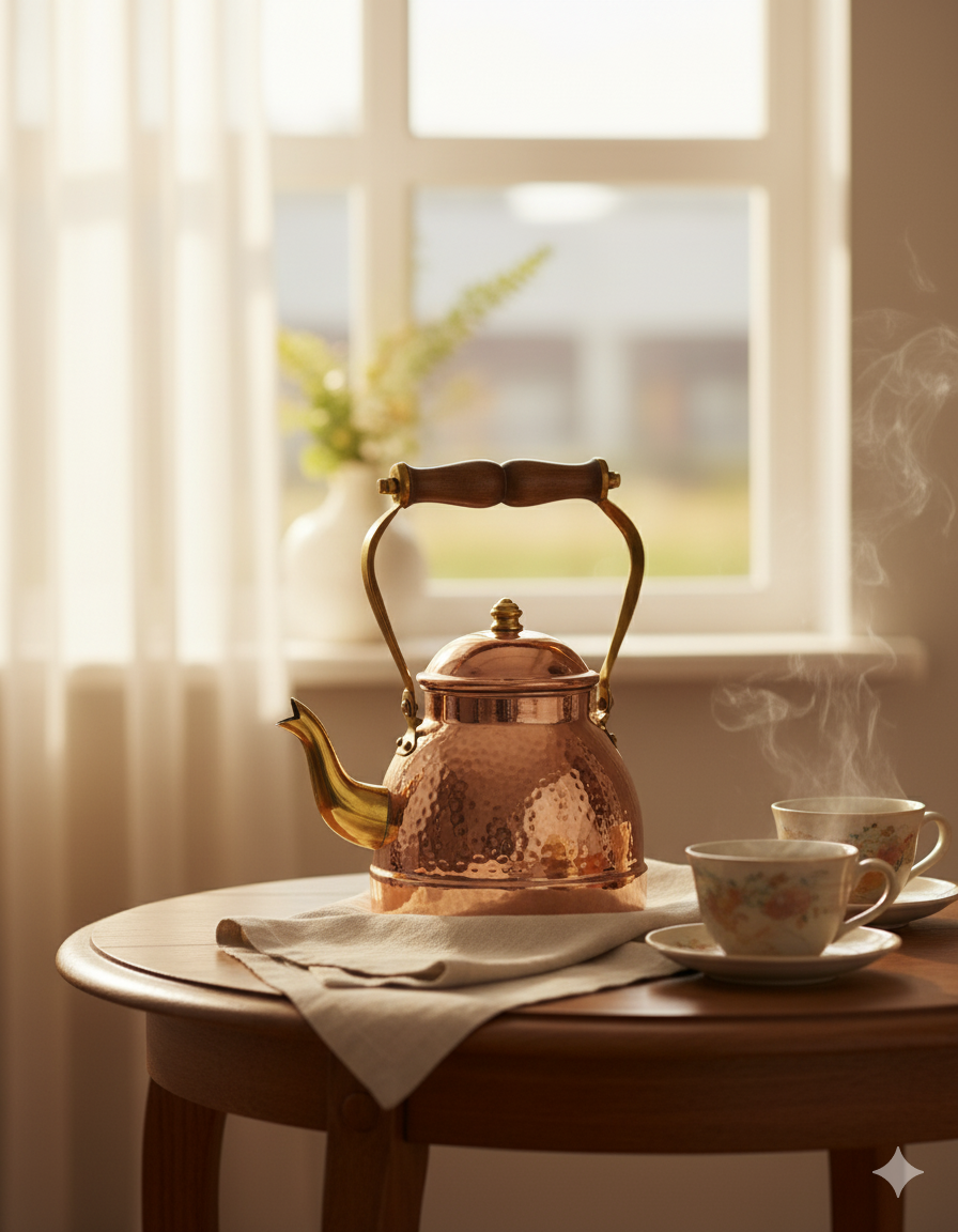 Copper Kettle - Hammered Finish with Brass Spout and Wooden Handle